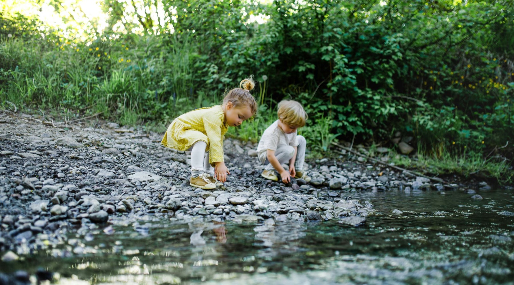 children playing by a river