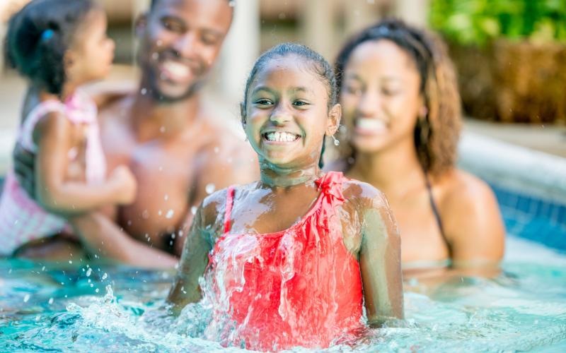 a group of people in a pool